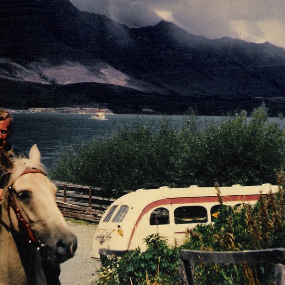 Richie Bryant on horseback at Kinloch new bus in the background